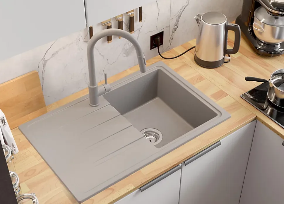 PRIMAGRAN Evier Cuisine en Granit Gris 78x50cm, Lavabo 1 bac + Kit de Vidage, Évier à Encastrer au meuble 45cm - Milan