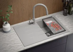PRIMAGRAN Evier Cuisine en Granit Gris 78x50cm, Lavabo 1 bac + Kit de Vidage, Évier à Encastrer au meuble 45cm - Milan
