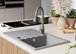 PRIMAGRAN Evier Cuisine en Granit Gris 78x50cm, Lavabo 1 bac + Kit de Vidage, Évier à Encastrer au meuble 45cm - Milan
