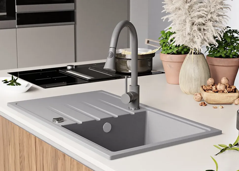 PRIMAGRAN Evier Cuisine en Granit Gris 78x50cm, Lavabo 1 bac + Kit de Vidage, Évier à Encastrer au meuble 45cm - Milan