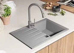PRIMAGRAN Evier Cuisine en Granit Gris 78x50cm, Lavabo 1 bac + Kit de Vidage, Évier à Encastrer au meuble 45cm - Milan