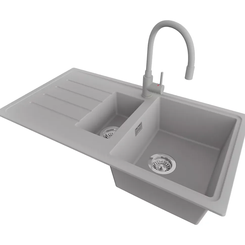 PRIMAGRAN Evier Cuisine en Granit Gris 90x50cm, Lavabo 1,5 bacs + Kit de Vidage + Accessoires, Évier à Encastrer au meuble 60cm