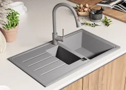 PRIMAGRAN Evier Cuisine en Granit Gris 90x50cm, Lavabo 1,5 bacs + Kit de Vidage + Accessoires, Évier à Encastrer au meuble 60cm
