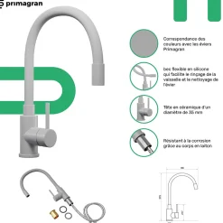 PRIMAGRAN Evier Cuisine en Granit Gris 90x50cm, Lavabo 1,5 bacs + Kit de Vidage + Accessoires, Évier à Encastrer au meuble 60cm