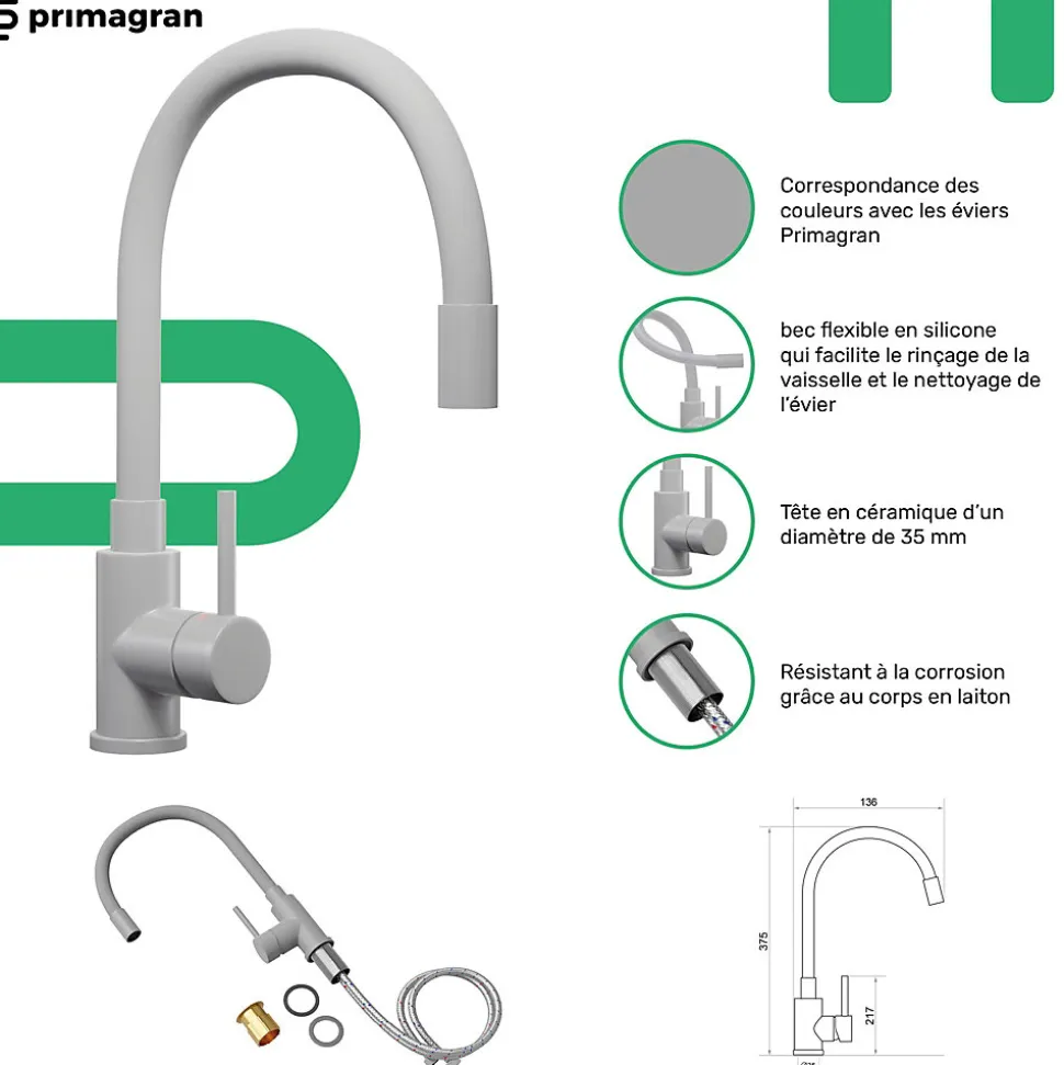 PRIMAGRAN Evier Cuisine en Granit Gris 90x50cm, Lavabo 1,5 bacs + Kit de Vidage + Accessoires, Évier à Encastrer au meuble 60cm