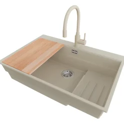 PRIMAGRAN Evier Cuisine en Granit Beige 78x53cm, Lavabo 1 bac + Kit de Vidage + Accessoires, Évier à Encastrer au meuble 80cm