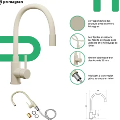 PRIMAGRAN Evier Cuisine en Granit Beige 78x53cm, Lavabo 1 bac + Kit de Vidage + Accessoires, Évier à Encastrer au meuble 80cm