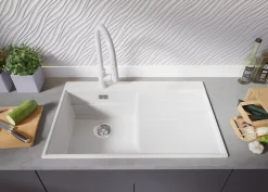 PRIMAGRAN Evier Cuisine en Granit Blanc 78x50cm, Lavabo 1 bac + Kit de Vidage + Accessoires, Évier à Encastrer au meuble 45cm
