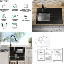 PRIMAGRAN Evier Cuisine en Granit Blanc 78x50cm, Lavabo 1 bac + Kit de Vidage + Accessoires, Évier à Encastrer au meuble 45cm