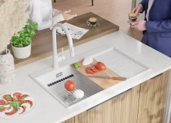 PRIMAGRAN Evier Cuisine en Granit Blanc 78x50cm, Lavabo 1 bac + Kit de Vidage + Accessoires, Évier à Encastrer au meuble 45cm