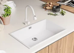 PRIMAGRAN Evier Cuisine en Granit Blanc 76x47cm, Lavabo 1 bac + Kit de Vidage, Évier à Encastrer au meuble 80cm - London Slim