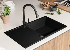 PRIMAGRAN Evier Cuisine en Granit Graphite 90x50cm, Lavabo 1 bac + Kit de Vidage, Évier à Encastrer au meuble 60cm - Ibiza