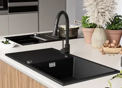 PRIMAGRAN Evier Cuisine en Granit Graphite 90x50cm, Lavabo 1 bac + Kit de Vidage, Évier à Encastrer au meuble 60cm - Ibiza
