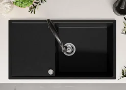 PRIMAGRAN Evier Cuisine en Granit Graphite 90x50cm, Lavabo 1 bac + Kit de Vidage, Évier à Encastrer au meuble 60cm - Ibiza