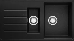 PRIMAGRAN Evier Cuisine en Granit Noir Métallisé 90x50cm, Lavabo 1,5 bacs + Accessoires, Évier à Encastrer au meuble 60cm