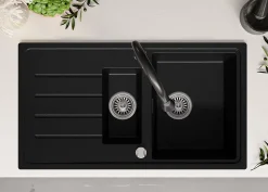 PRIMAGRAN Evier Cuisine en Granit Noir Métallisé 90x50cm, Lavabo 1,5 bacs + Accessoires, Évier à Encastrer au meuble 60cm