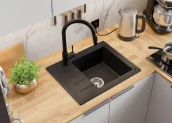 PRIMAGRAN Evier Cuisine en Granit Tout Noir 55x44cm, Lavabo 1 bac + Kit de Vidage + Accessoires, Évier à Encastrer au meuble 45cm