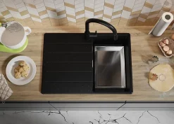 PRIMAGRAN Evier Cuisine en Granit Noir Métallisé 70x50cm, Lavabo 1 bac + Accessoires, Évier à Encastrer au meuble 40cm