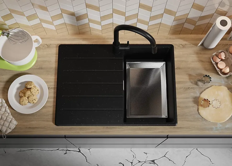 PRIMAGRAN Evier Cuisine en Granit Noir Métallisé 70x50cm, Lavabo 1 bac + Accessoires, Évier à Encastrer au meuble 40cm