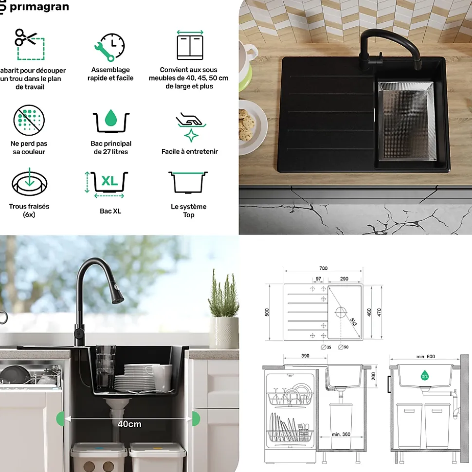 PRIMAGRAN Evier Cuisine en Granit Noir Métallisé 70x50cm, Lavabo 1 bac + Accessoires, Évier à Encastrer au meuble 40cm