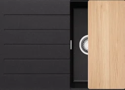 PRIMAGRAN Evier Cuisine en Granit Noir Métallisé 70x50cm, Lavabo 1 bac + Accessoires, Évier à Encastrer au meuble 40cm