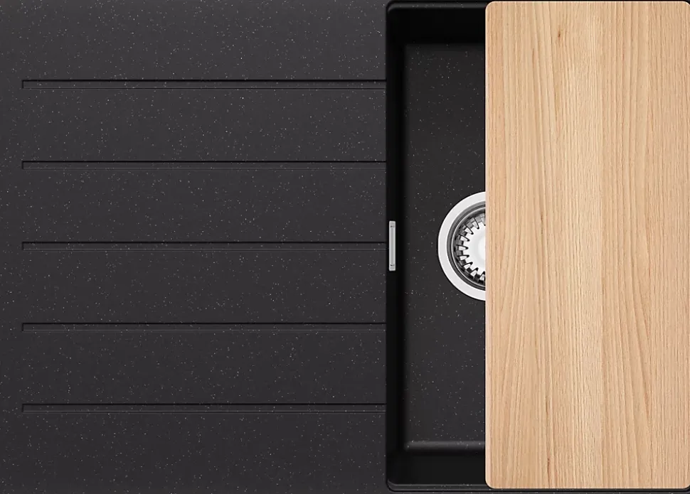 PRIMAGRAN Evier Cuisine en Granit Noir Métallisé 70x50cm, Lavabo 1 bac + Accessoires, Évier à Encastrer au meuble 40cm