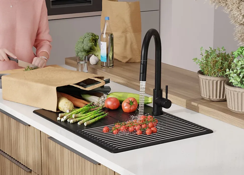 PRIMAGRAN Evier Cuisine en Granit Noir Métallisé 70x50cm, Lavabo 1 bac + Accessoires, Évier à Encastrer au meuble 40cm