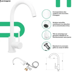 PRIMAGRAN Evier Cuisine en Granit Blanc 46x44cm, Lavabo 1 bac + Kit de Vidage + Accessoires, Évier à Encastrer au meuble 50cm