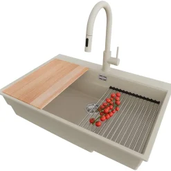 PRIMAGRAN Evier Cuisine en Granit Beige 78x53cm, Lavabo 1 bac + Kit de Vidage + Accessoires, Évier à Encastrer au meuble 80cm