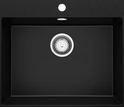 PRIMAGRAN Evier Cuisine en Granit Noir 58x50cm, Lavabo 1 bac + Kit de Vidage, Évier à Encastrer au meuble 60cm - Riga