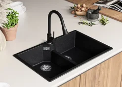 PRIMAGRAN Evier Cuisine en Granit Graphite 78x50cm, Lavabo 2 bacs + Kit de Vidage, Évier à Encastrer au meuble 80cm - Madrid Twin