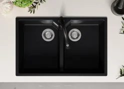 PRIMAGRAN Evier Cuisine en Granit Graphite 78x50cm, Lavabo 2 bacs + Kit de Vidage, Évier à Encastrer au meuble 80cm - Madrid Twin