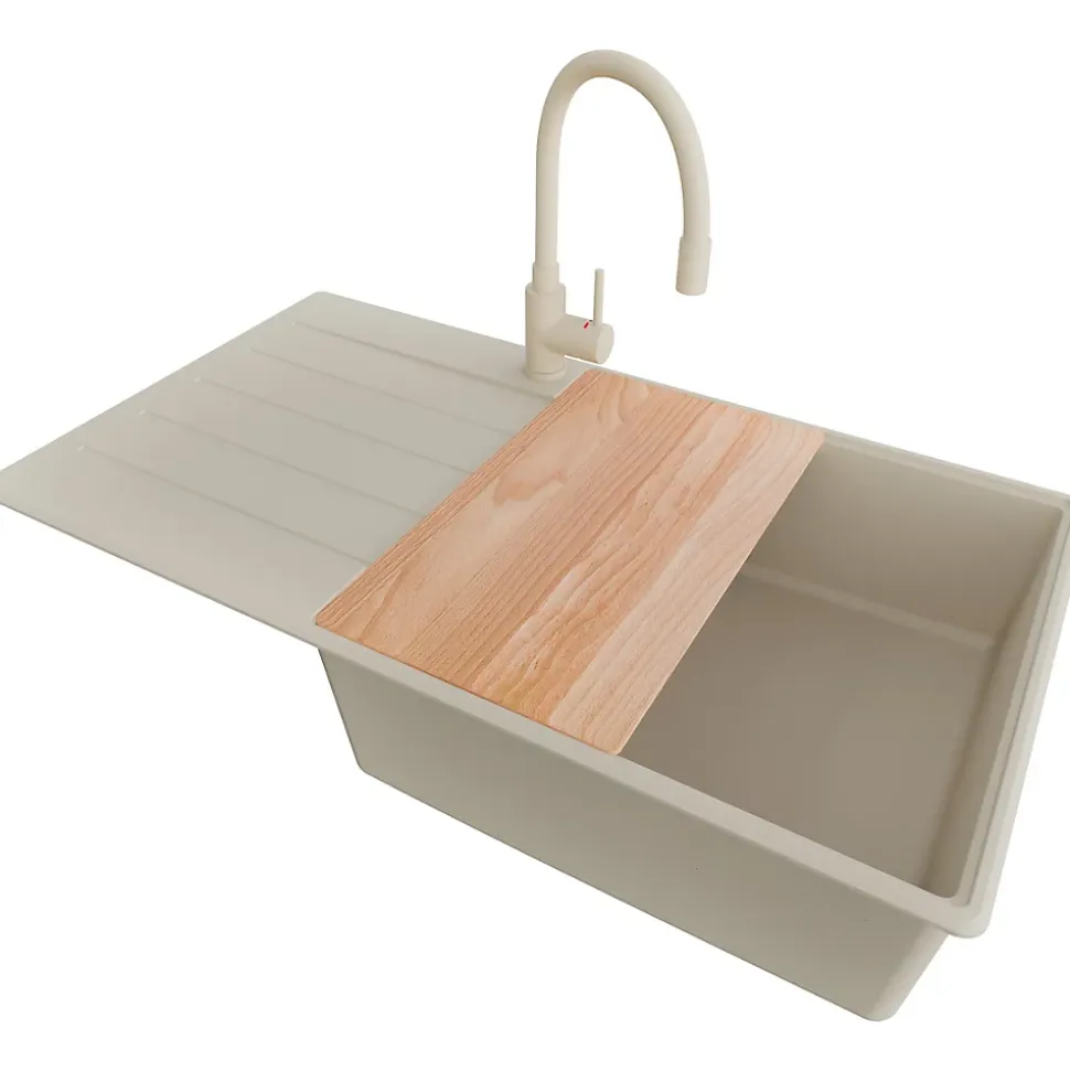 PRIMAGRAN Evier Cuisine en Granit Beige 90x50cm, Lavabo 1 bac + Kit de Vidage + Accessoires, Évier à Encastrer au meuble 60cm