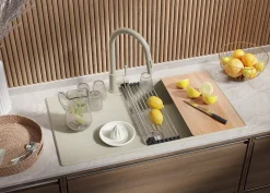 PRIMAGRAN Evier Cuisine en Granit Beige 90x50cm, Lavabo 1 bac + Kit de Vidage + Accessoires, Évier à Encastrer au meuble 60cm