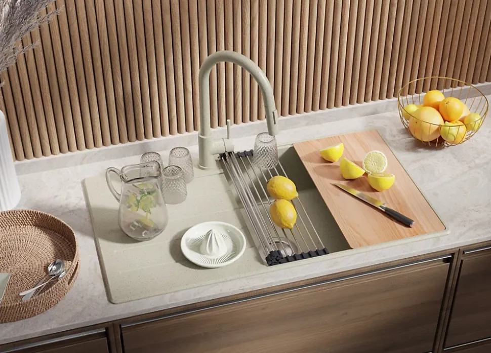 PRIMAGRAN Evier Cuisine en Granit Beige 90x50cm, Lavabo 1 bac + Kit de Vidage + Accessoires, Évier à Encastrer au meuble 60cm