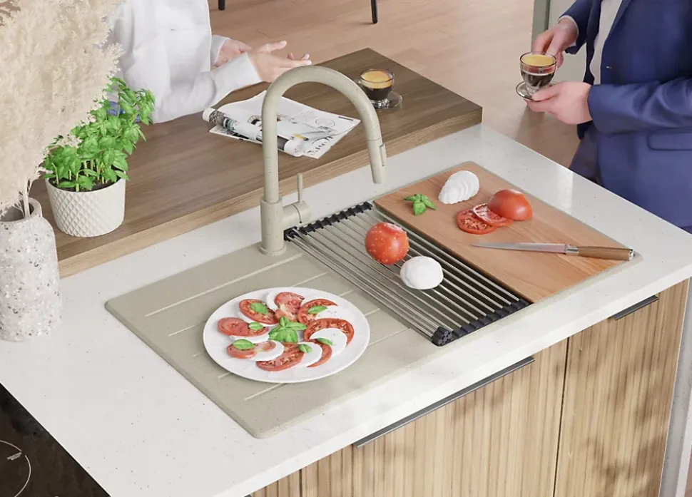 PRIMAGRAN Evier Cuisine en Granit Beige 90x50cm, Lavabo 1 bac + Kit de Vidage + Accessoires, Évier à Encastrer au meuble 60cm