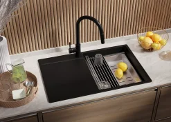 PRIMAGRAN Evier Cuisine en Granit Noir 78x50cm, Lavabo 1 bac + Kit de Vidage + Accessoires, Évier à Encastrer au meuble 50cm