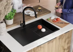 PRIMAGRAN Evier Cuisine en Granit Noir 78x50cm, Lavabo 1 bac + Kit de Vidage + Accessoires, Évier à Encastrer au meuble 50cm