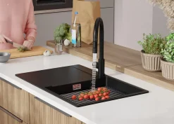 PRIMAGRAN Evier Cuisine en Granit Noir 78x50cm, Lavabo 1 bac + Kit de Vidage + Accessoires, Évier à Encastrer au meuble 50cm