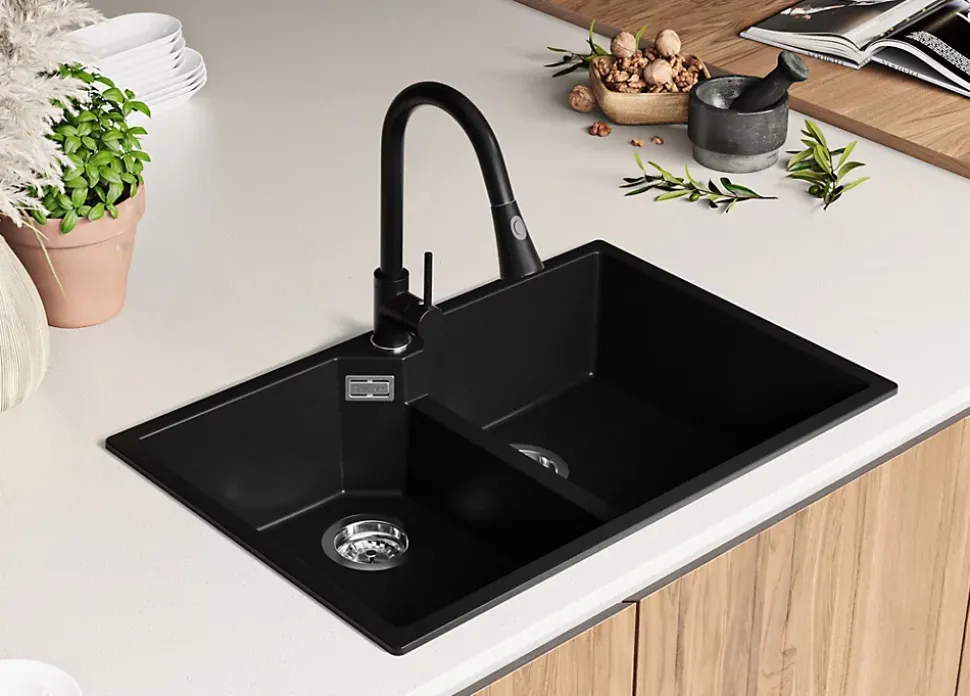 PRIMAGRAN Evier Cuisine en Granit Noir 78x50cm, Lavabo 2 bacs + Kit de Vidage + Accessoires, Évier à Encastrer au meuble 80cm