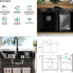 PRIMAGRAN Evier Cuisine en Granit Noir 78x50cm, Lavabo 2 bacs + Kit de Vidage + Accessoires, Évier à Encastrer au meuble 80cm
