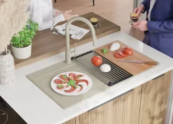 PRIMAGRAN Evier Cuisine en Granit Beige 90x50cm, Lavabo 1 bac + Kit de Vidage + Accessoires, Évier à Encastrer au meuble 60cm