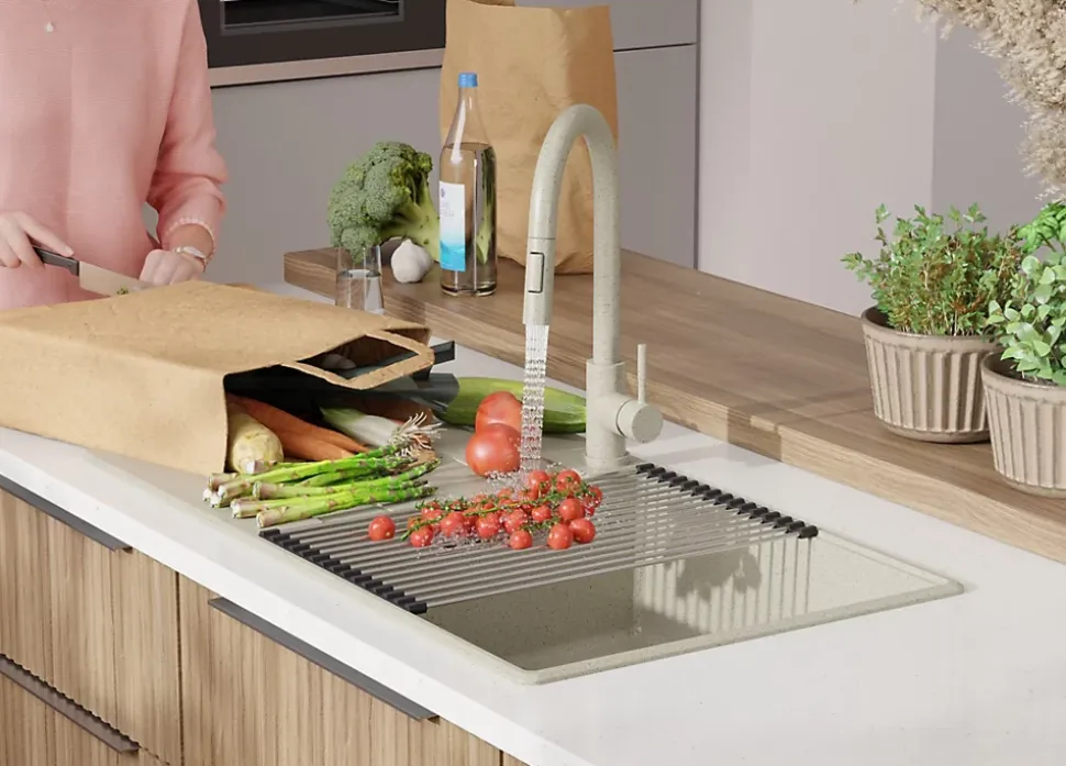 PRIMAGRAN Evier Cuisine en Granit Beige 90x50cm, Lavabo 1 bac + Kit de Vidage + Accessoires, Évier à Encastrer au meuble 60cm