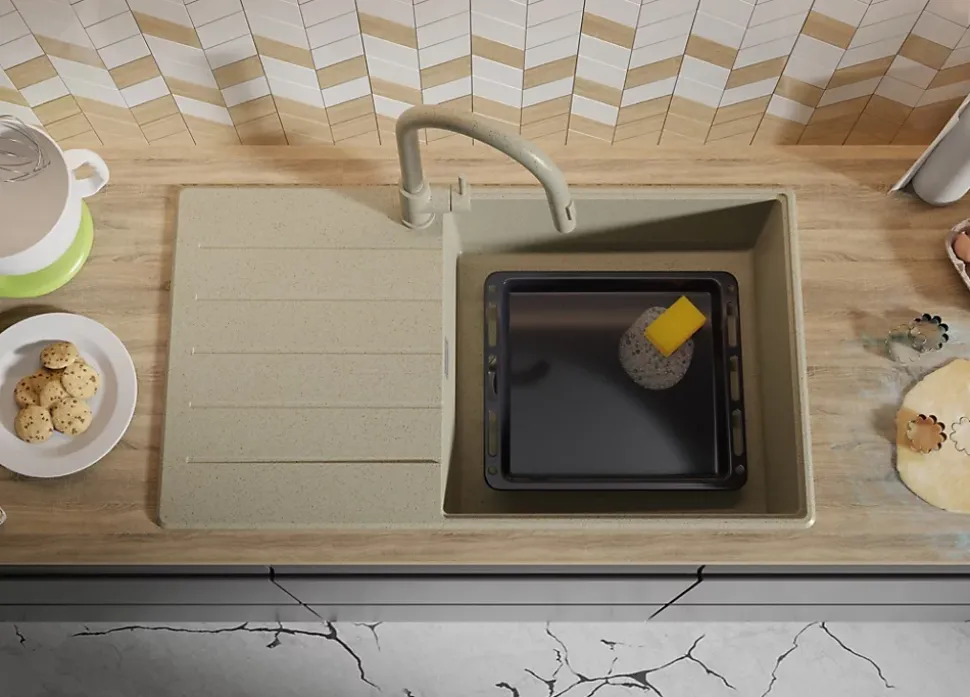 PRIMAGRAN Evier Cuisine en Granit Beige 90x50cm, Lavabo 1 bac + Kit de Vidage + Accessoires, Évier à Encastrer au meuble 60cm