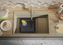 PRIMAGRAN Evier Cuisine en Granit Beige 78x53cm, Lavabo 1 bac + Kit de Vidage + Accessoires, Évier à Encastrer au meuble 80cm