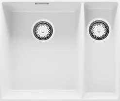 PRIMAGRAN Evier Cuisine en Granit Blanc 56x47cm, Lavabo 1,5 bacs + Kit de Vidage + Accessoires, Évier à Encastrer au meuble 60cm