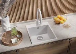 PRIMAGRAN Evier Cuisine en Granit Blanc 43x50cm, Lavabo 1 bac + Kit de Vidage, Évier à Encastrer au meuble 45cm - Riga
