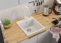 PRIMAGRAN Evier Cuisine en Granit Blanc 43x50cm, Lavabo 1 bac + Kit de Vidage, Évier à Encastrer au meuble 45cm - Riga