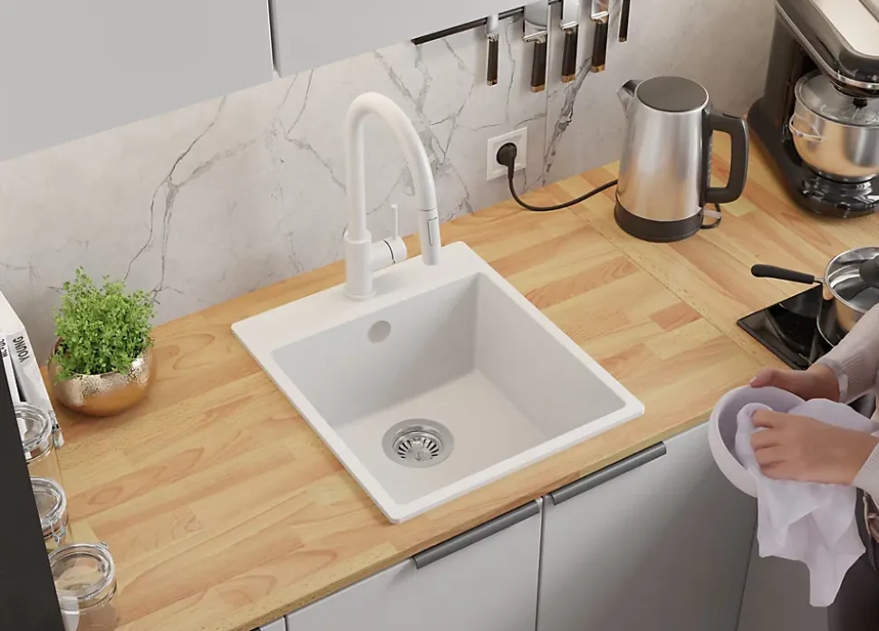 PRIMAGRAN Evier Cuisine en Granit Blanc 43x50cm, Lavabo 1 bac + Kit de Vidage, Évier à Encastrer au meuble 45cm - Riga