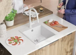 PRIMAGRAN Evier Cuisine en Granit Blanc 43x50cm, Lavabo 1 bac + Kit de Vidage, Évier à Encastrer au meuble 45cm - Riga